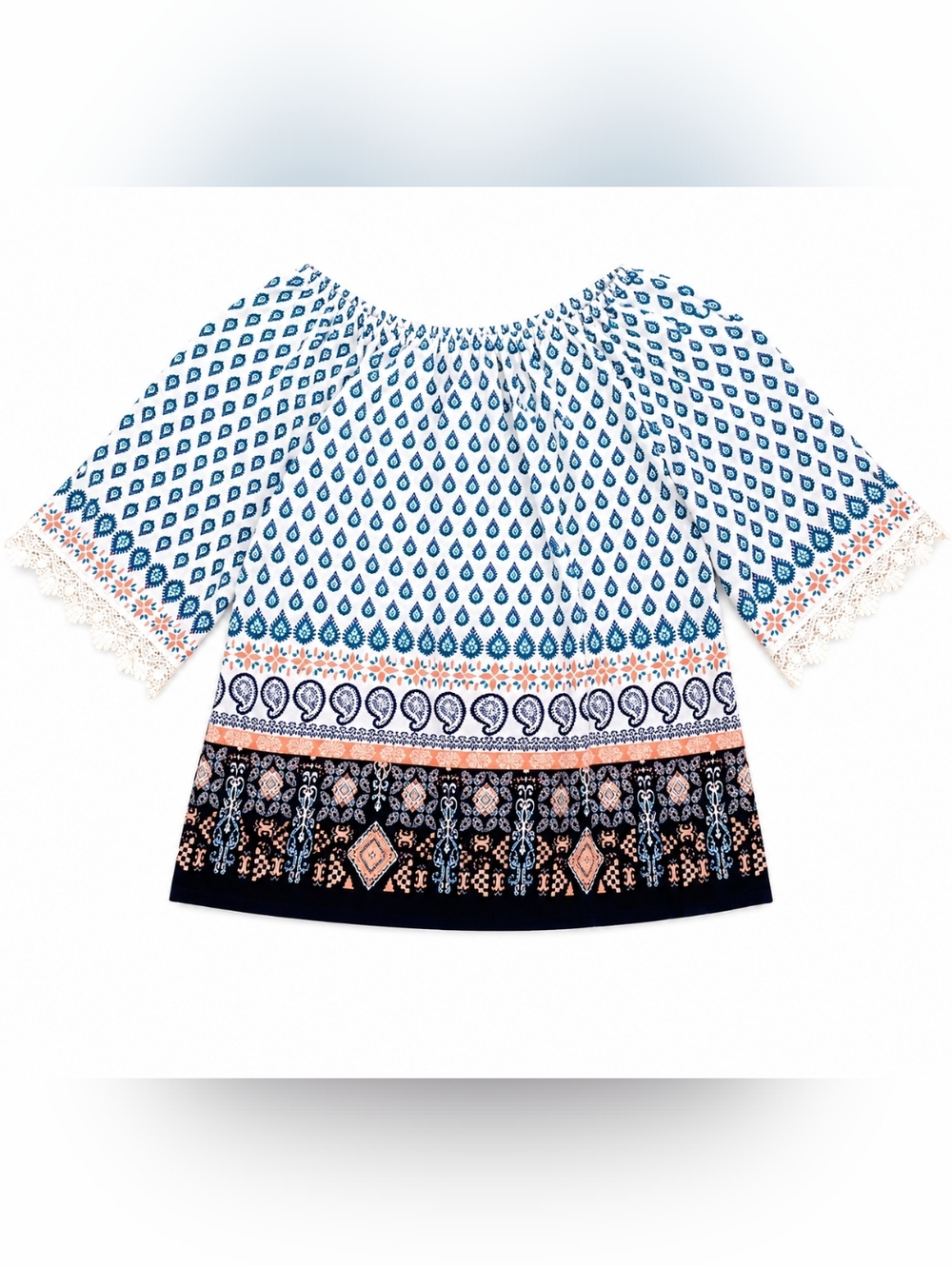 Cesem USA Boho Paisley Peasant Top XL Lace Trim Off Shoulder Blouse - Picture 4 of 7